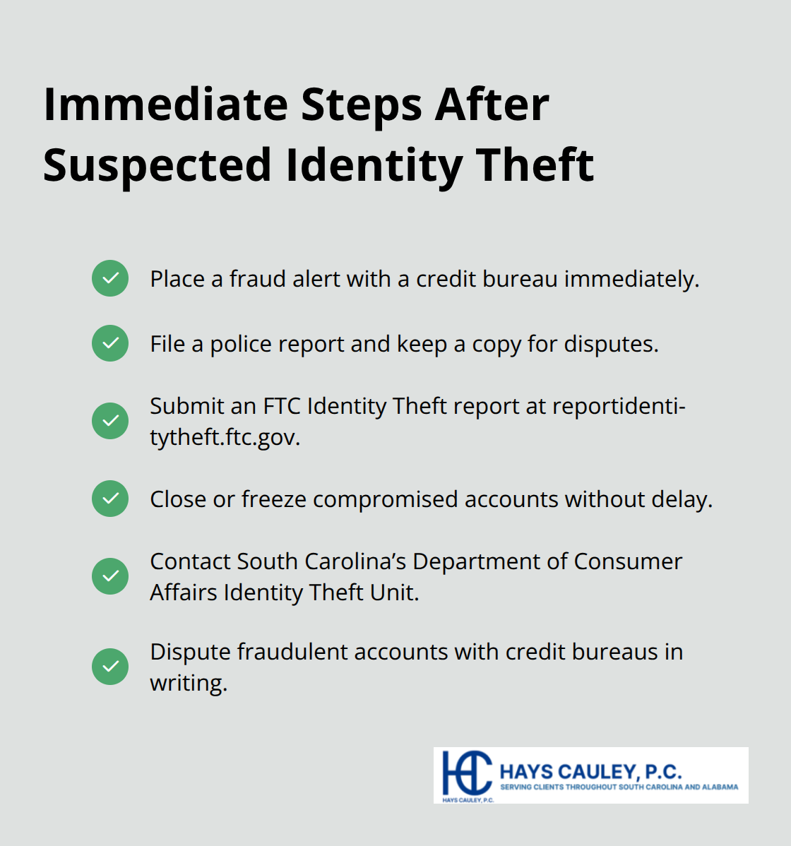 Checklist of urgent actions to take right after identity theft is suspected - Identity theft prevention SC