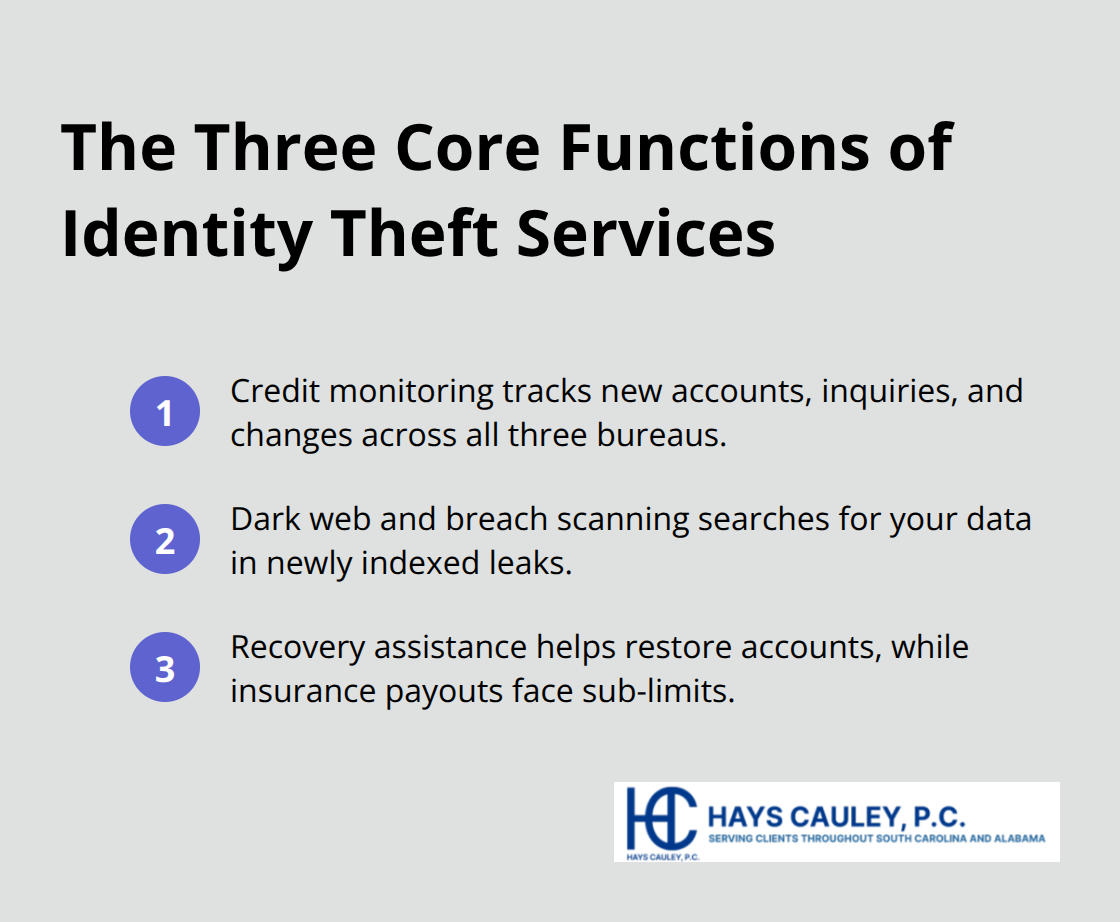 Compact list summarizing credit monitoring, dark web scanning, and recovery/insurance support. - identity theft protection services