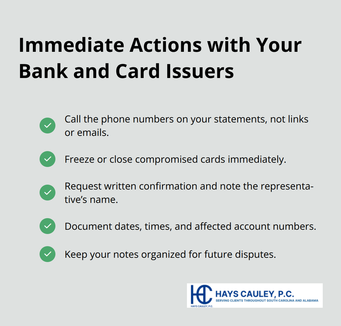Checklist of urgent steps to take with banks and card issuers after identity theft