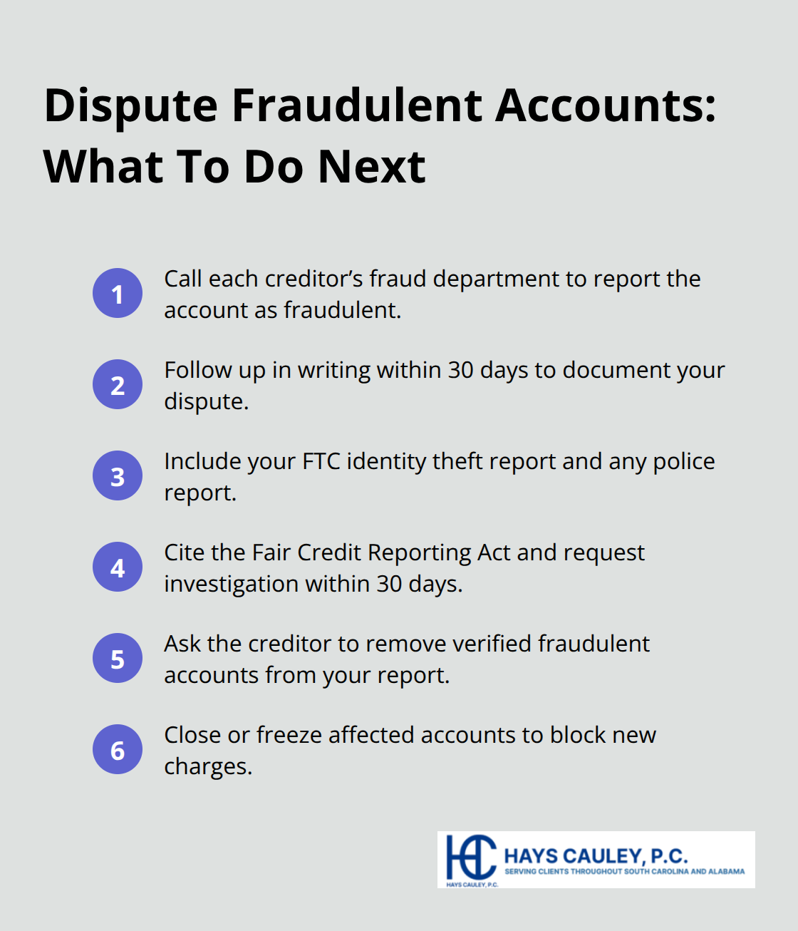 Compact ordered list of steps to dispute fraudulent accounts and trigger creditor investigations - Identity theft recovery steps