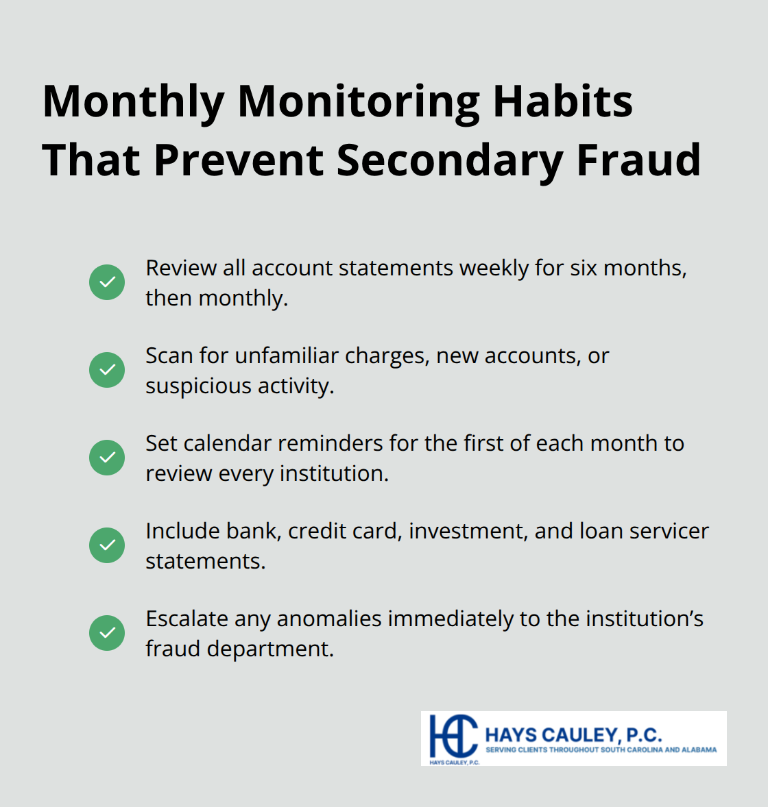 Checkmark list of ongoing monitoring practices to catch secondary fraud early - Identity theft recovery steps