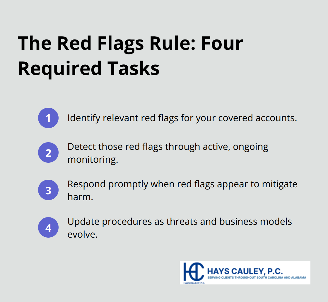 Four core tasks every Identity Theft Prevention Program must include under the Red Flags Rule - identity theft red flags regulation