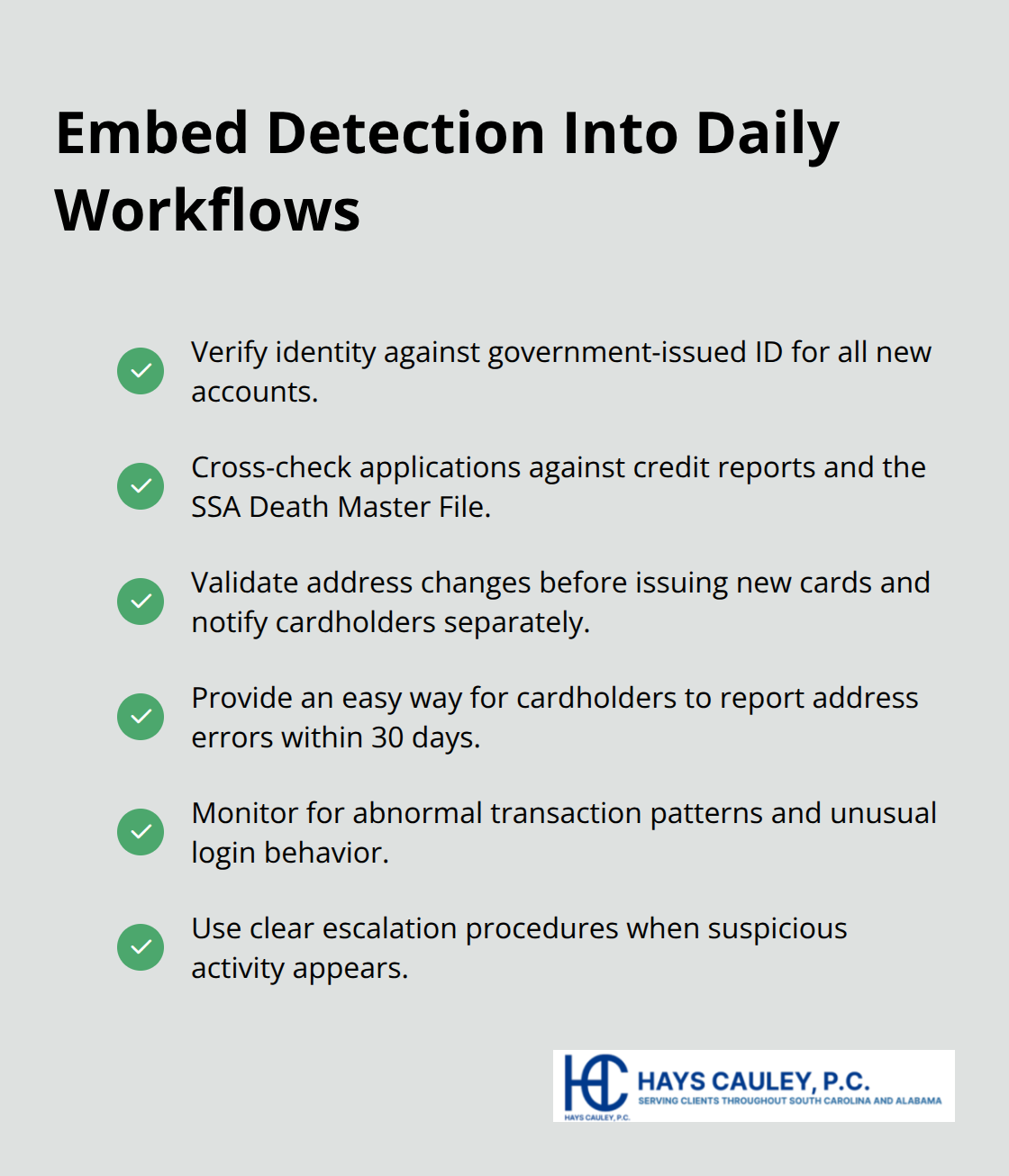 Checklist of practical workflow steps to detect and respond to identity theft indicators - identity theft red flags regulation
