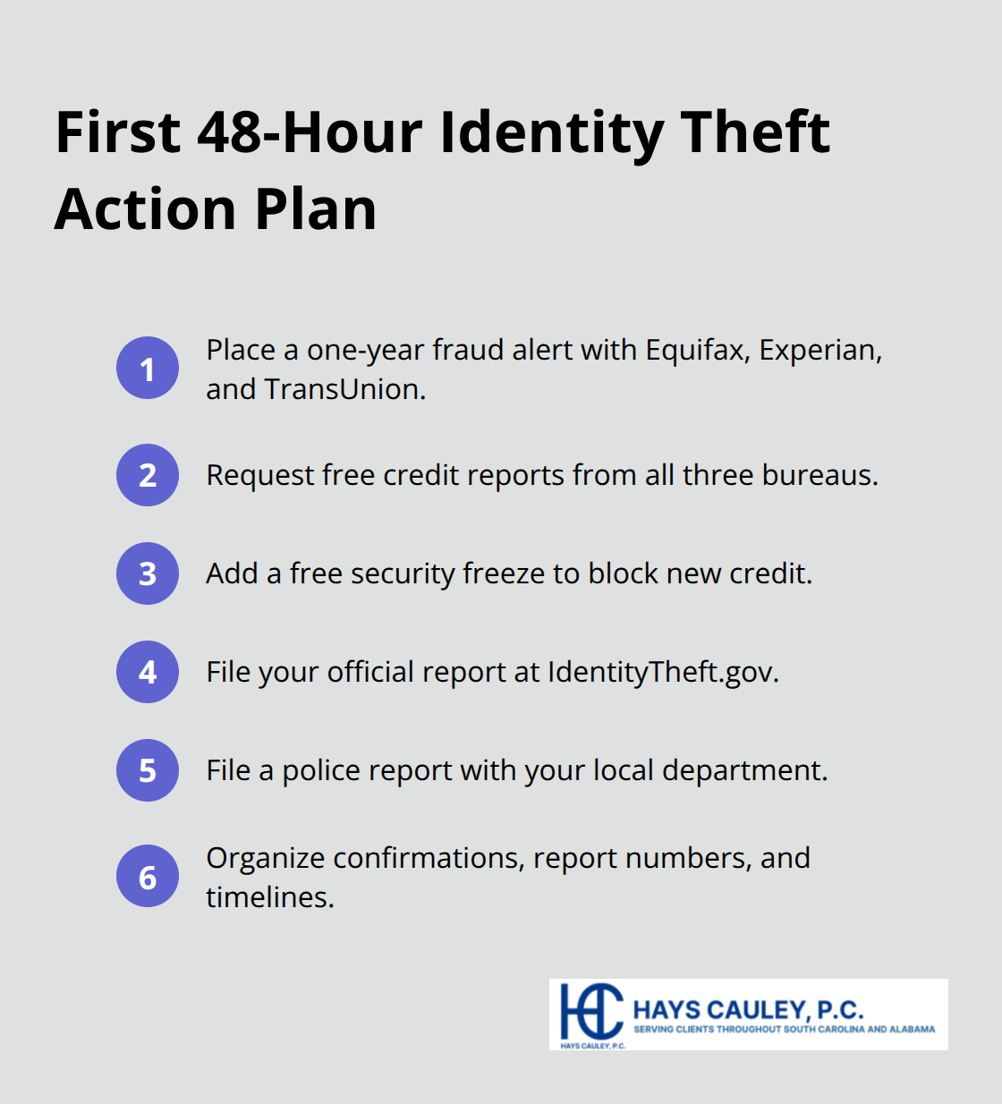 Compact checklist of the most important steps to take in the first 48 hours after identity theft.