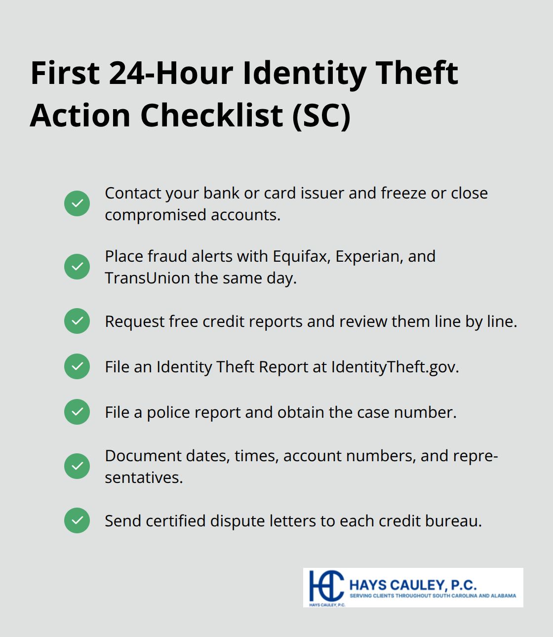 Checklist of immediate steps to limit losses and speed recovery