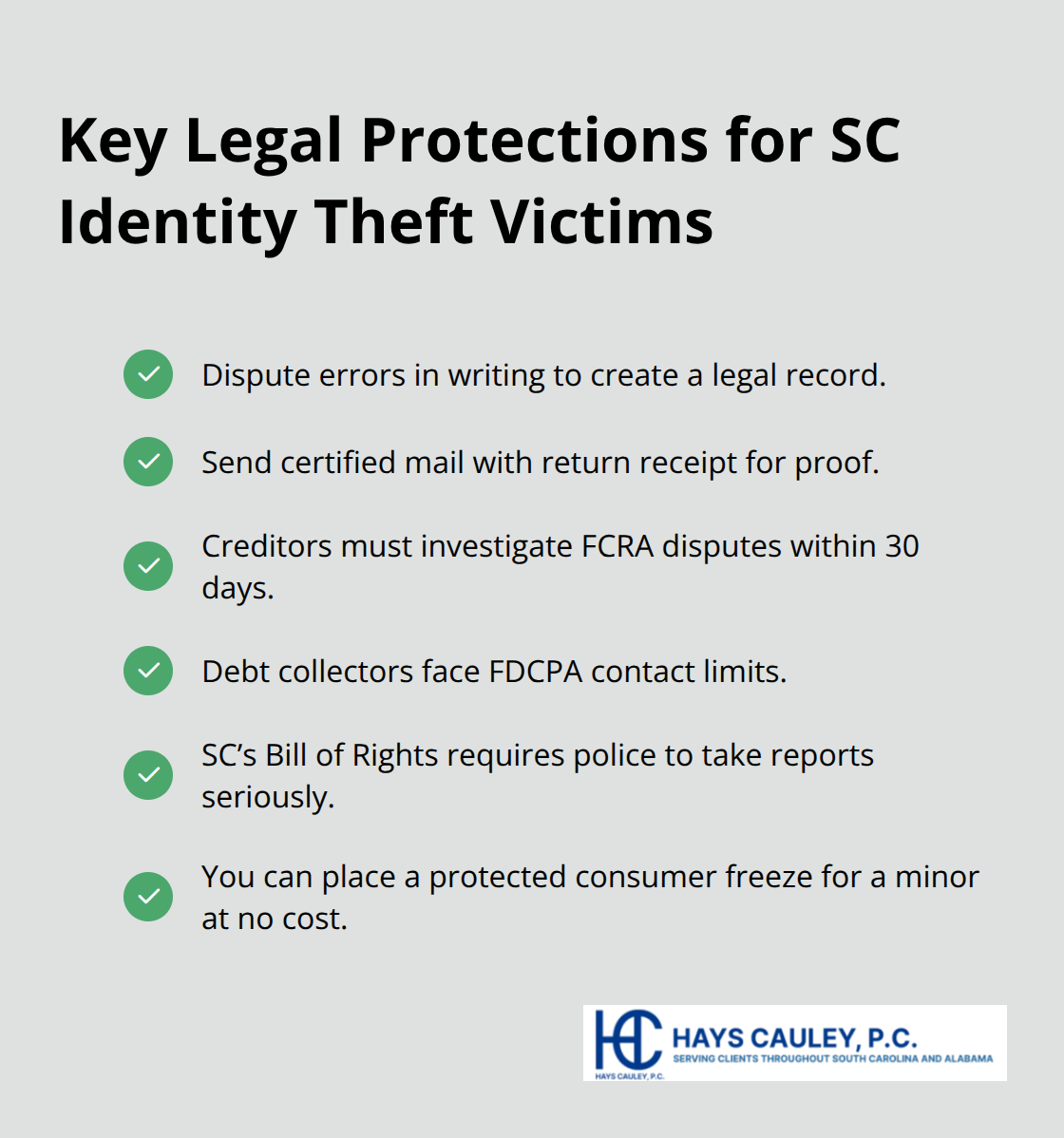 Checklist of legal rights and protections for South Carolina identity theft victims, including FCRA, FDCPA, and state-specific safeguards. - Identity theft victim resources