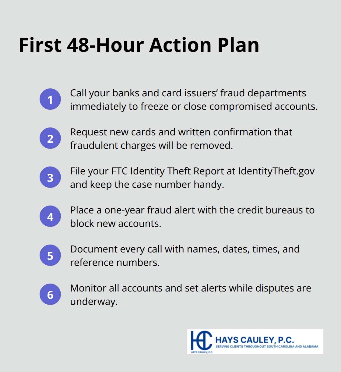 Compact checklist of priority steps to take within 48 hours of identity theft. - Identity theft victims SC