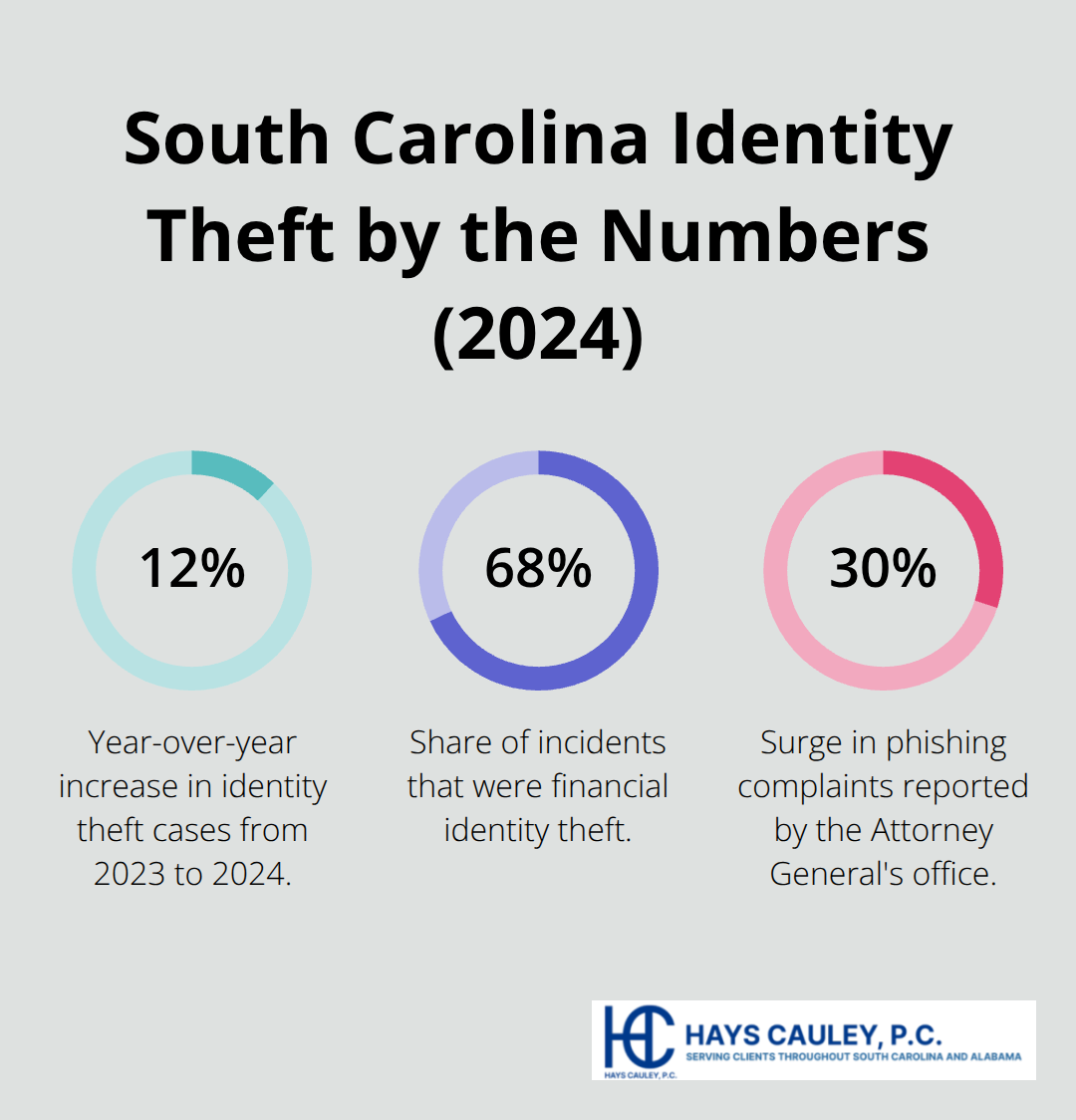 Key 2024 South Carolina identity theft statistics: year-over-year increase, financial identity theft share, and surge in phishing complaints. - is identity theft protection worth it