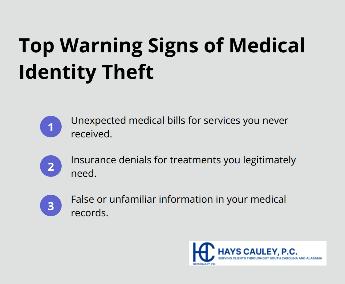 Compact list of three key warning signals of medical identity theft.
