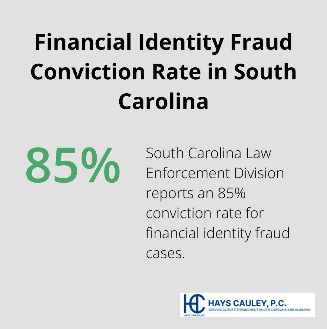 Pie chart showing 85% conviction rate for financial identity fraud cases in South Carolina