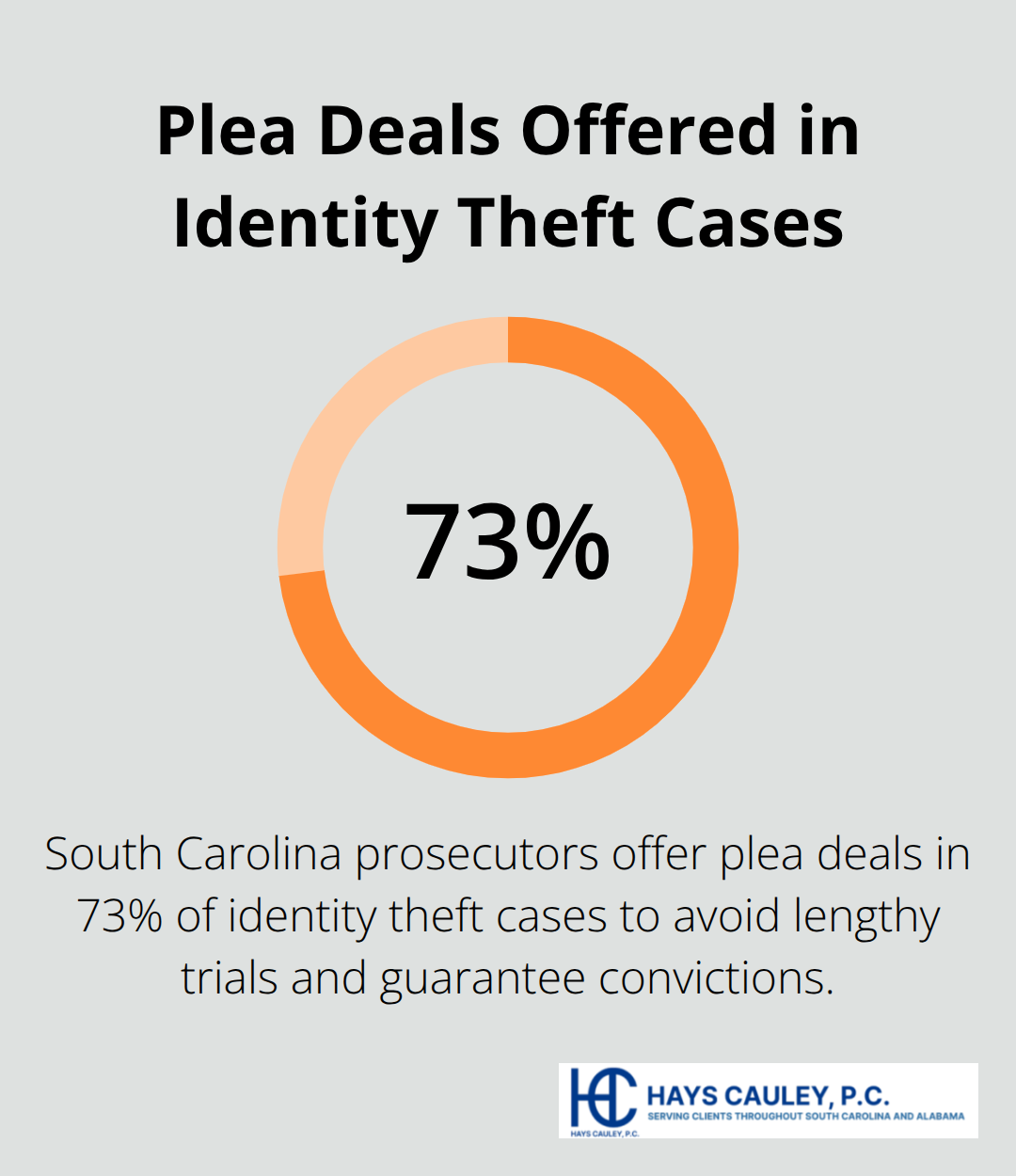 Pie chart showing 73% of identity theft cases are offered plea deals by South Carolina prosecutors - penalty for identity theft