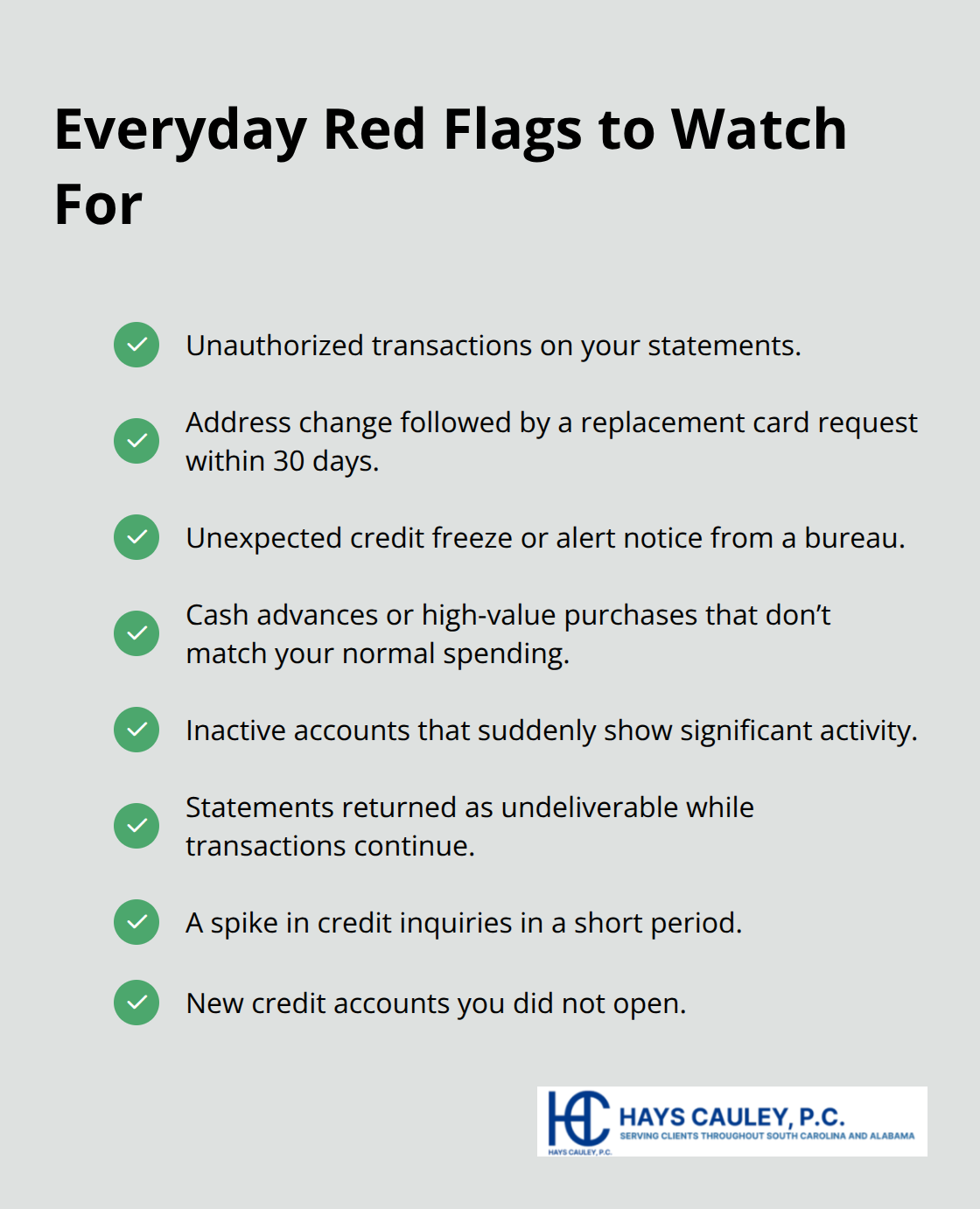 Checklist of common identity theft warning signs visible in account activity and documents.