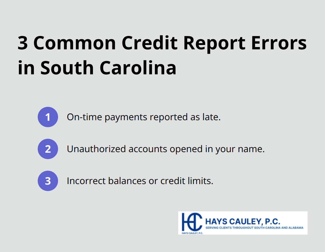 Visual list of the three most common South Carolina credit report errors to watch for