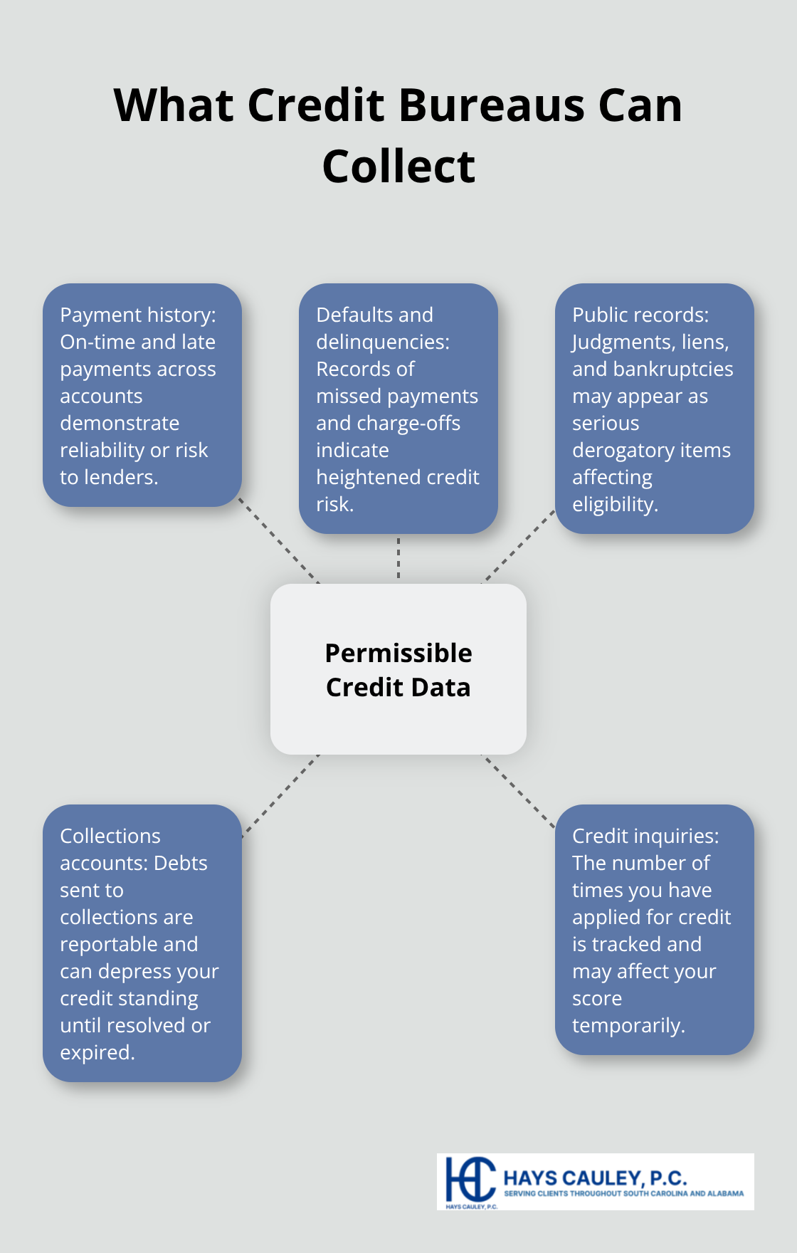 Hub-and-spoke chart showing types of credit information bureaus may legally collect.