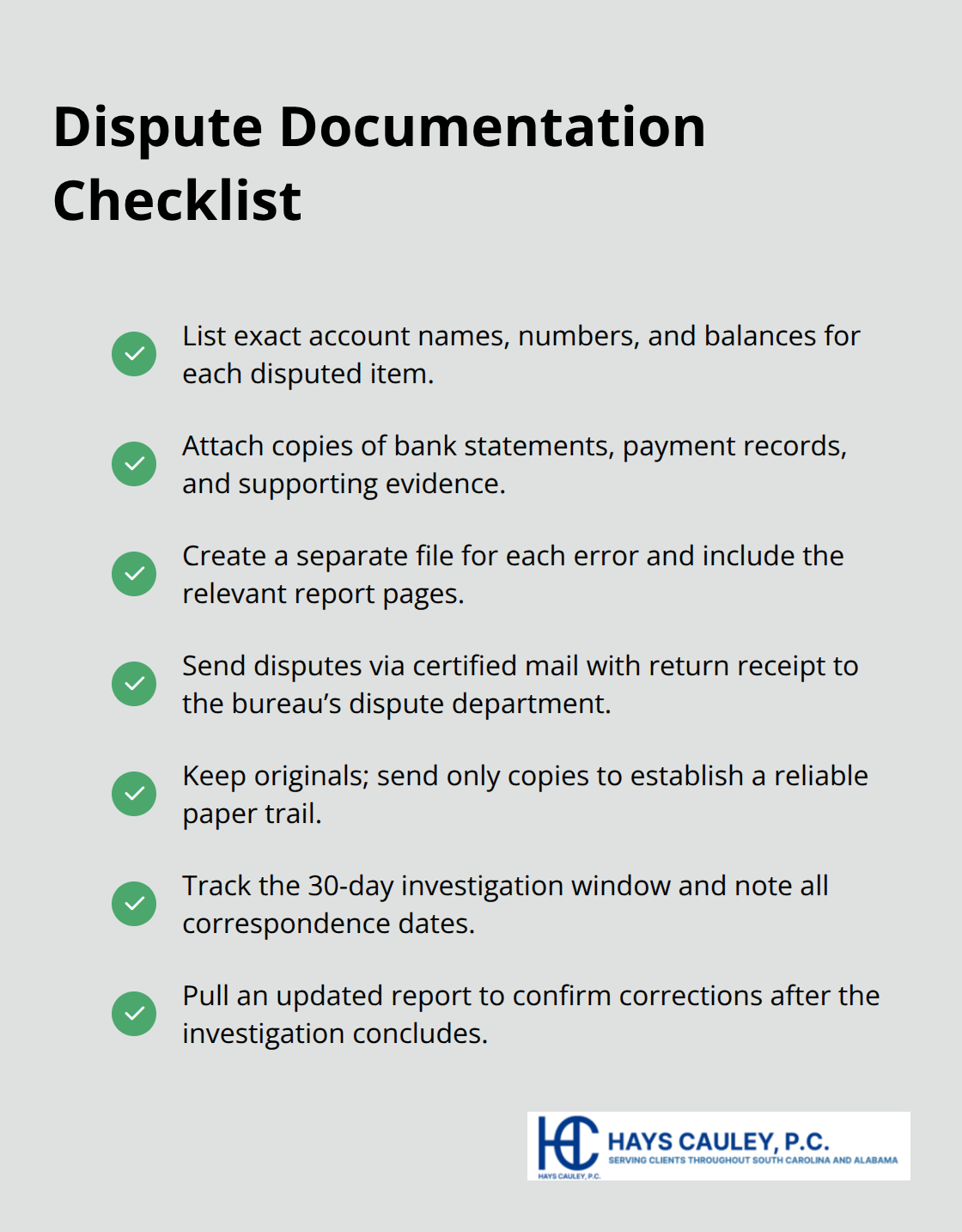 Checklist of steps to build a thorough, verifiable credit-report dispute file. - SC credit reporting rights
