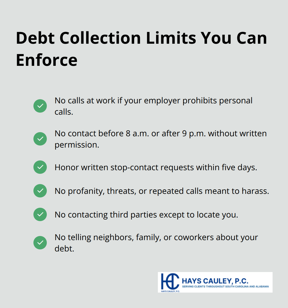 Checkmarked list of key FCRA and FDCPA limits on creditor and collector contact