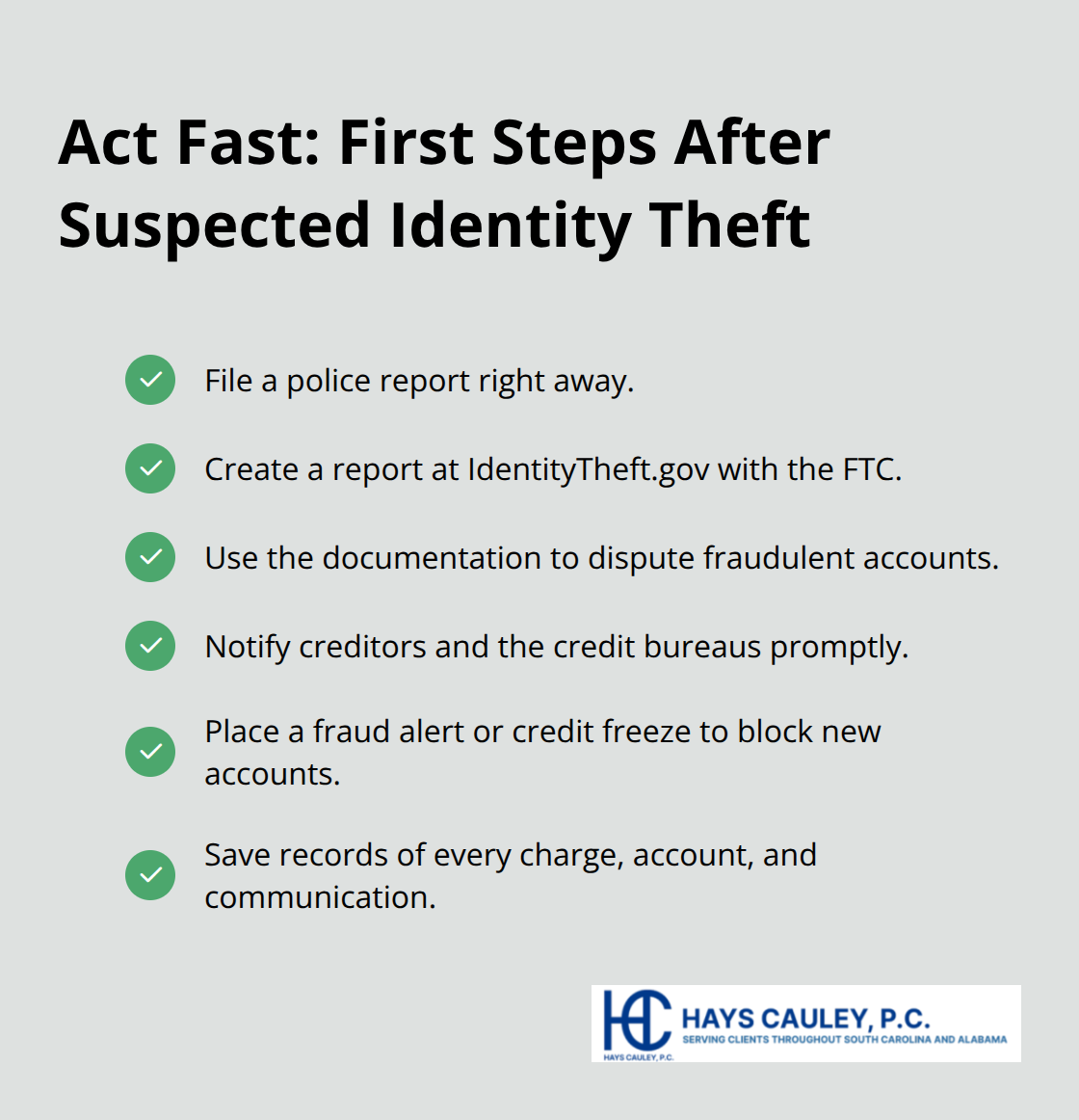 Checklist of immediate actions to take when identity theft is suspected. - SC identity theft attorney