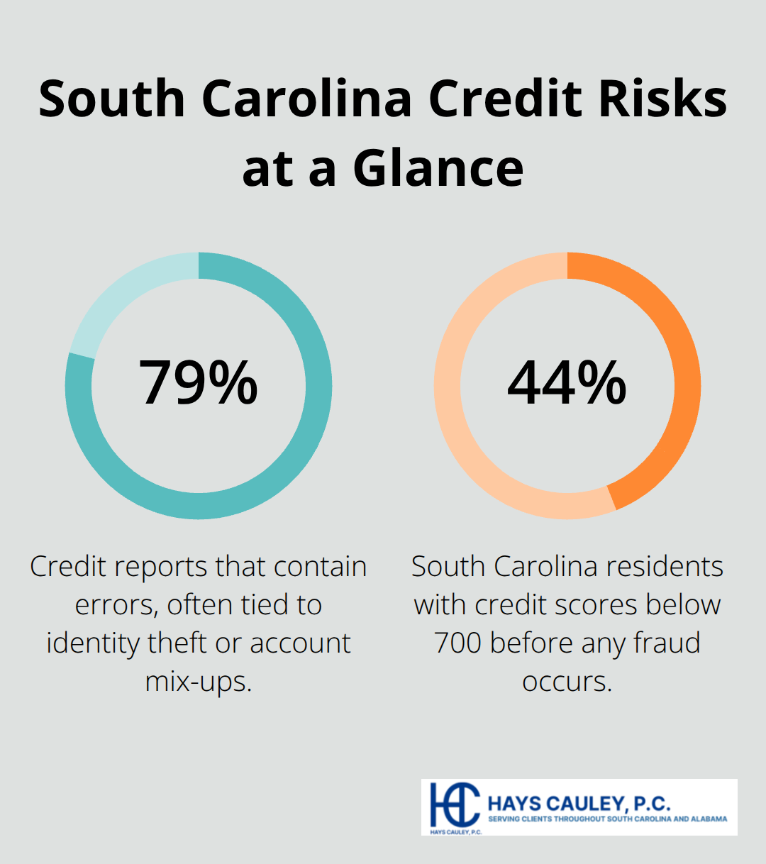 Key percentages showing error rates in credit reports and baseline credit challenges in South Carolina.