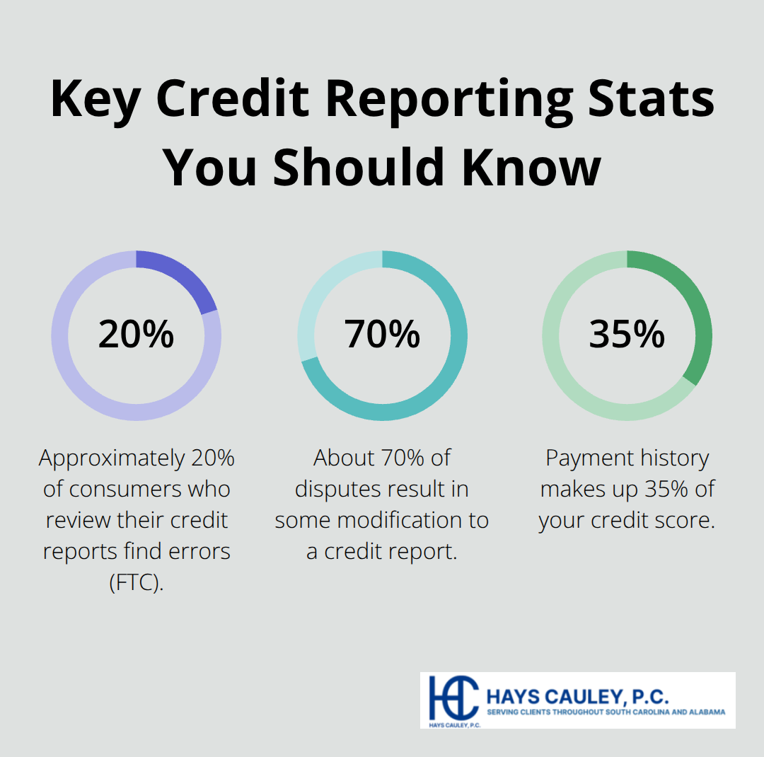 Infographic showing key credit report statistics including FTC error rate, dispute outcomes, and score weighting. - South Carolina credit reporting