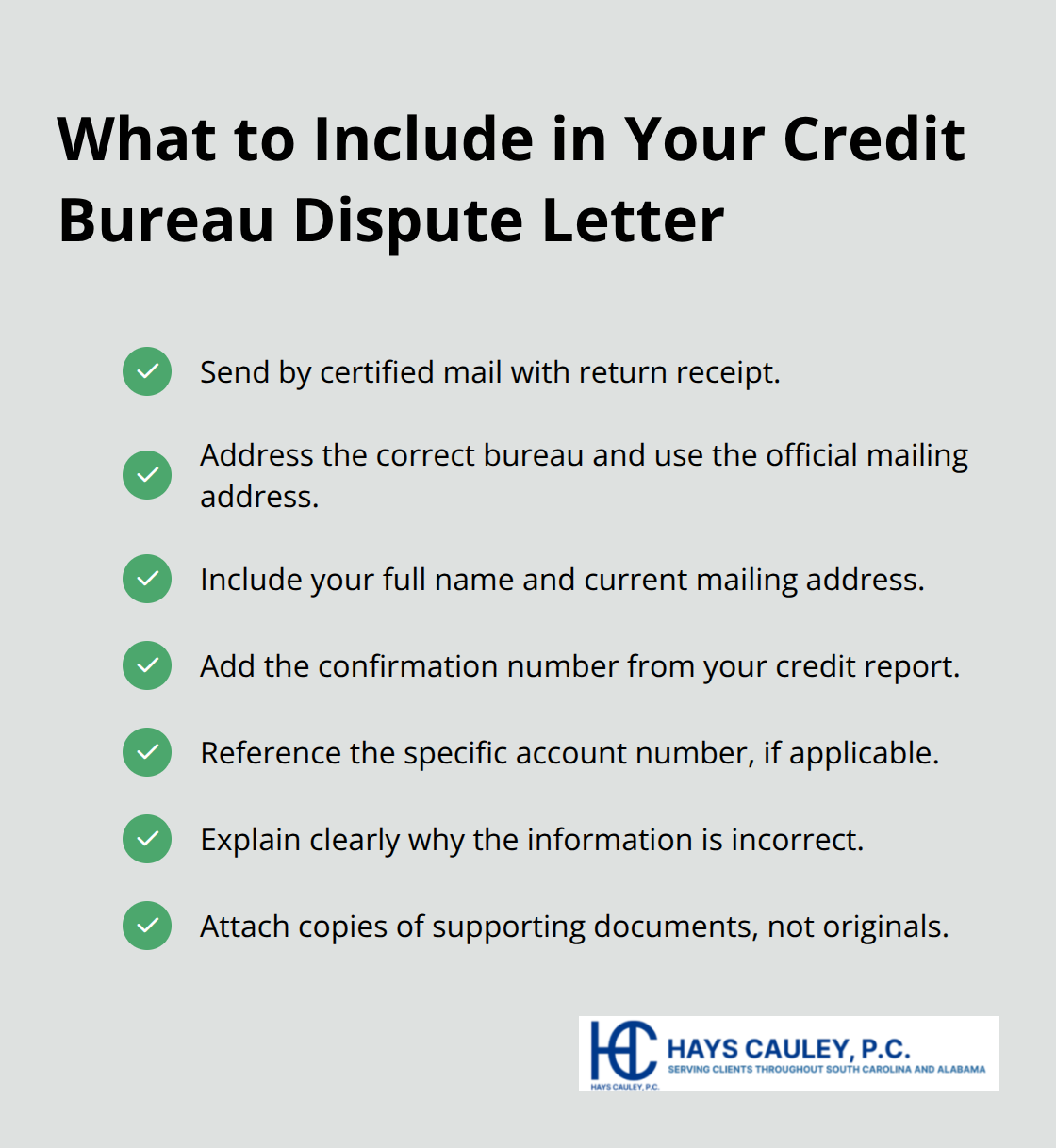 Checklist of dispute letter essentials and mailing best practices.