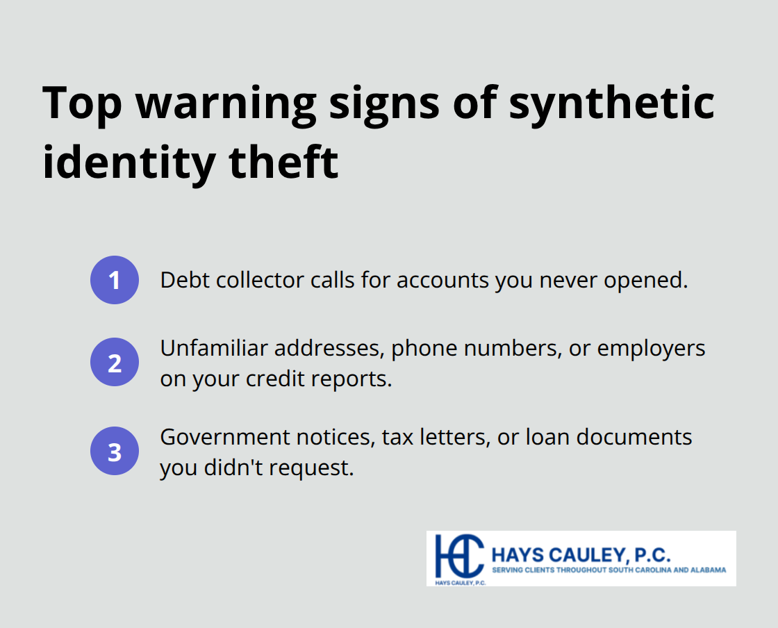 Compact list of common red flags that indicate synthetic identity theft