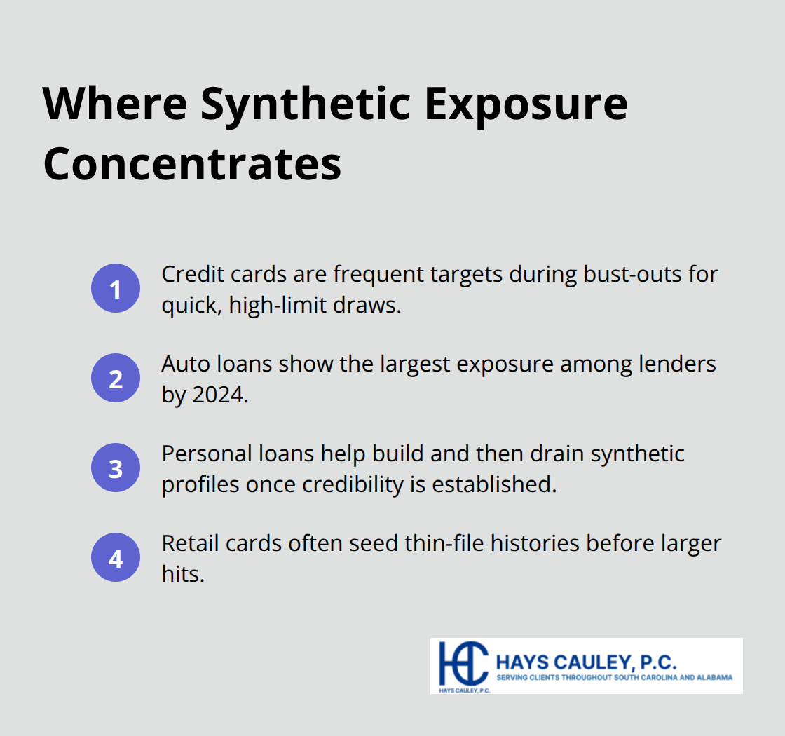 Key credit product types tied to synthetic identity exposure, highlighting auto loans as the largest area.