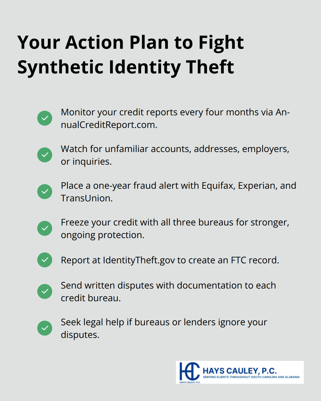 Checklist of immediate steps to detect and stop synthetic identity theft in South Carolina. - Synthetic identity theft SC