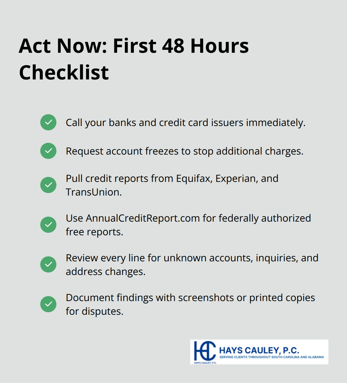 Checklist of immediate actions to take within 48 hours after identity theft - which is a possible effect of identity theft